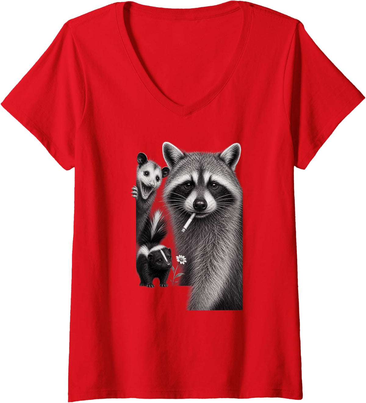 Women's Raccoon Opossum Skunk Woodland Animal Trio V-Neck T-Shirt - Red