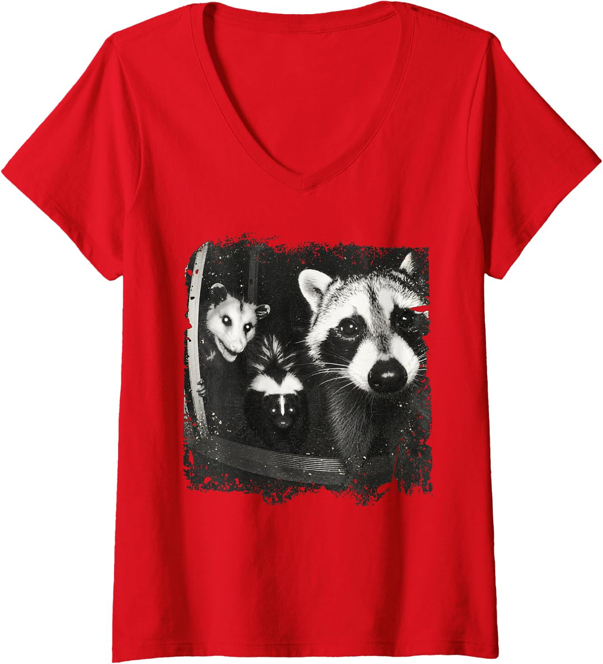 Women's Trash Panda Night Crew Vintage Raccoon Opossum Skunk V-Neck T-Shirt - Red
