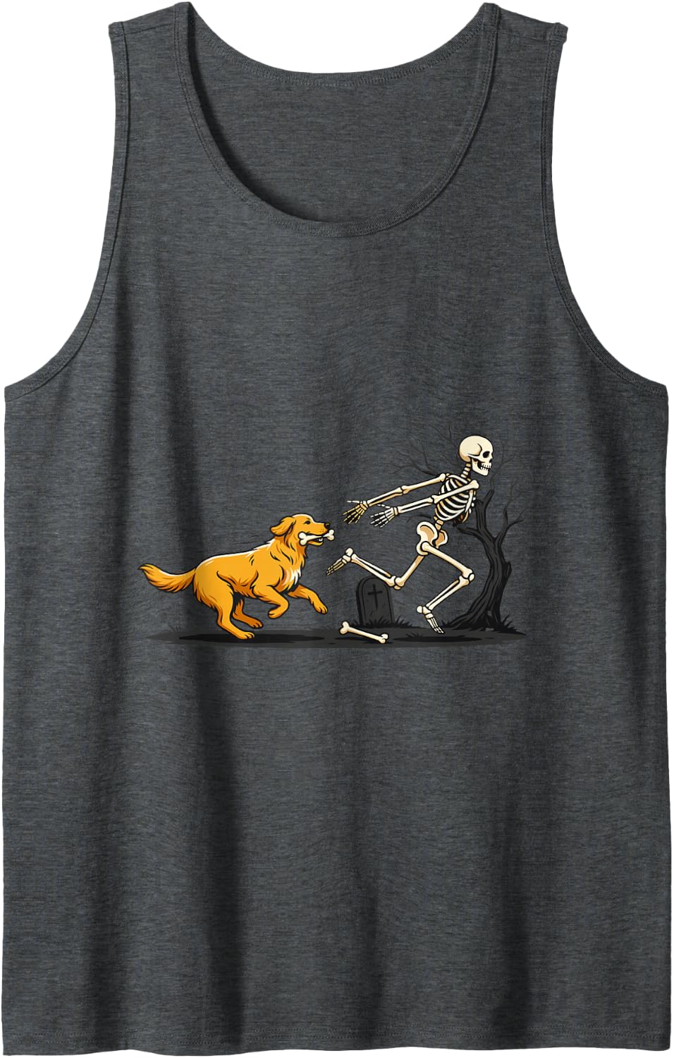 Halloween Skeleton Golden Retriever Pumpkin Spooky Season Tank Top - Dark Heather Grey