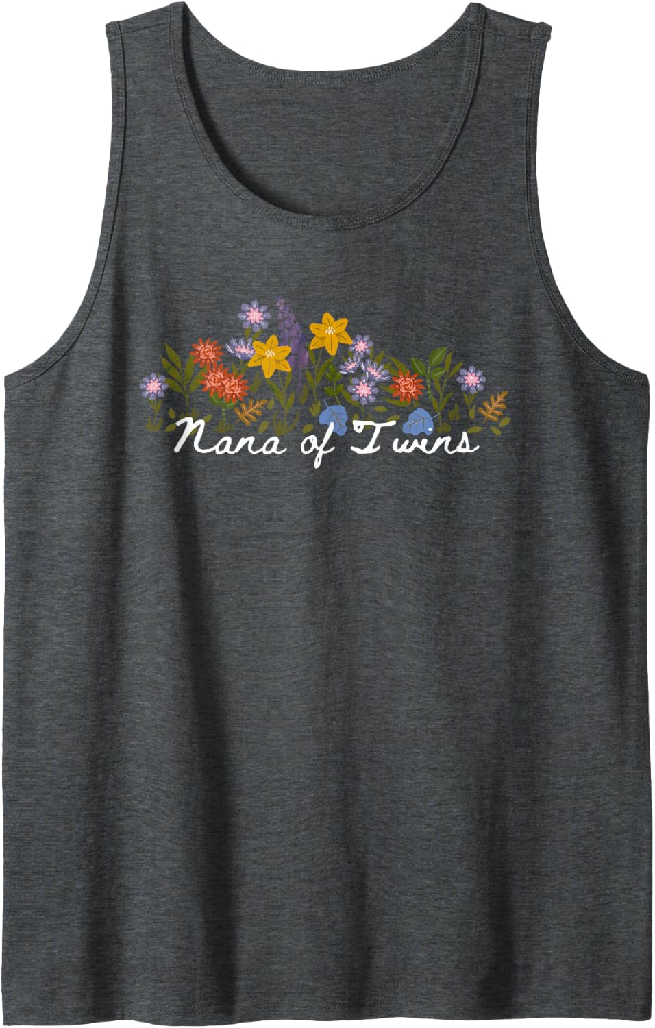 Floral Quote Nana of Twins Sleeveless Tank Top - Dark Heather Grey