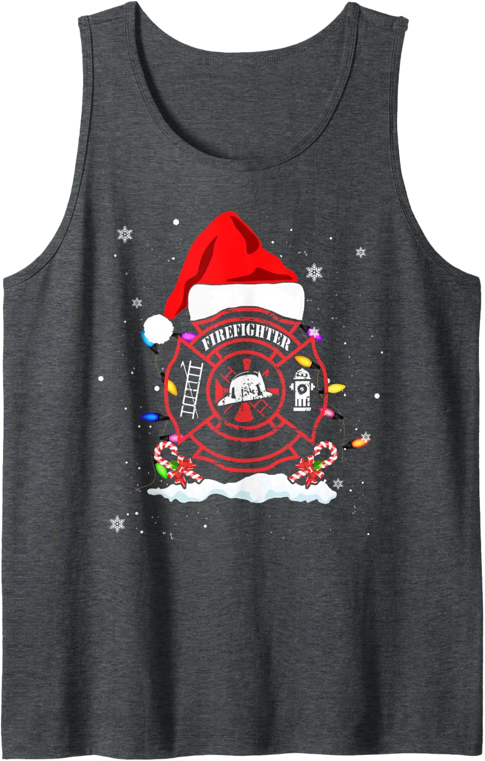 Firefighter Santa Hat Christmas Fireman Family Matching Xmas Sleeveless Tank Top - Dark Heather Grey