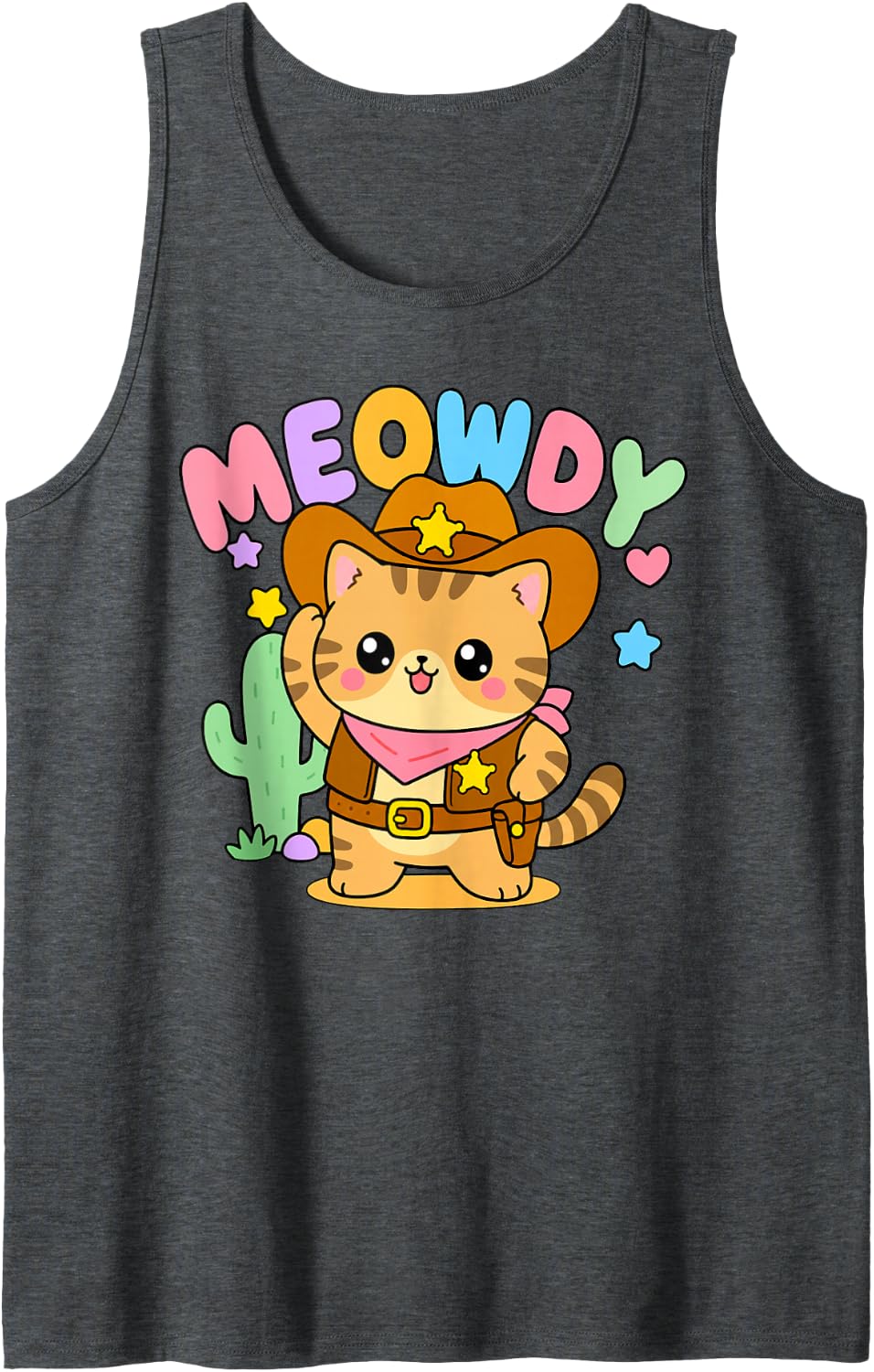 Cute Meowdy Cowboy Dad Joke Kawaii Tabby Cat Sheriff Western Sleeveless Tank Top - Dark Heather Grey