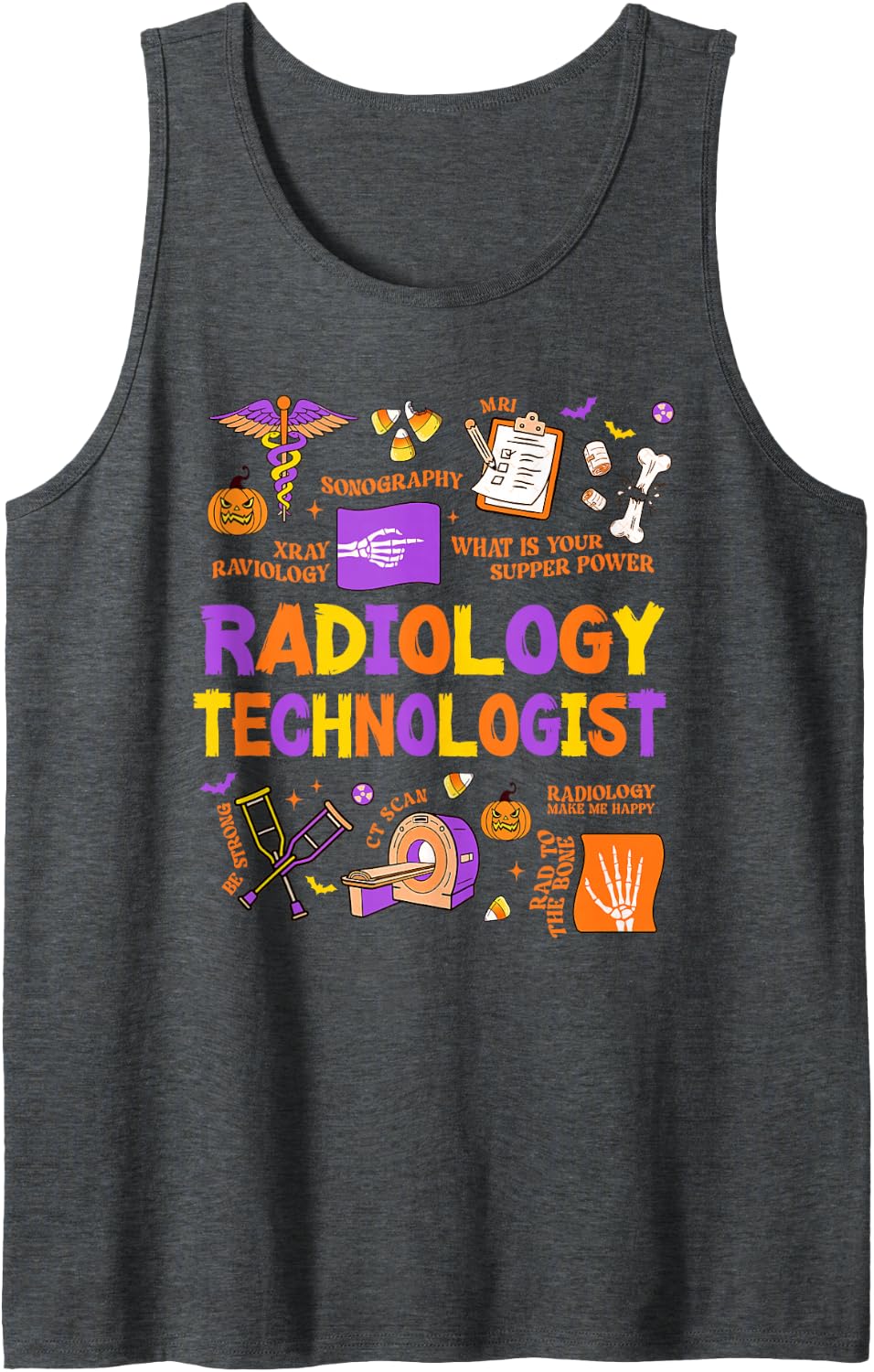 Radiology Technician Halloween Spooky Radiologist X-ray Tech Sleeveless Tank Top - Dark Heather Grey