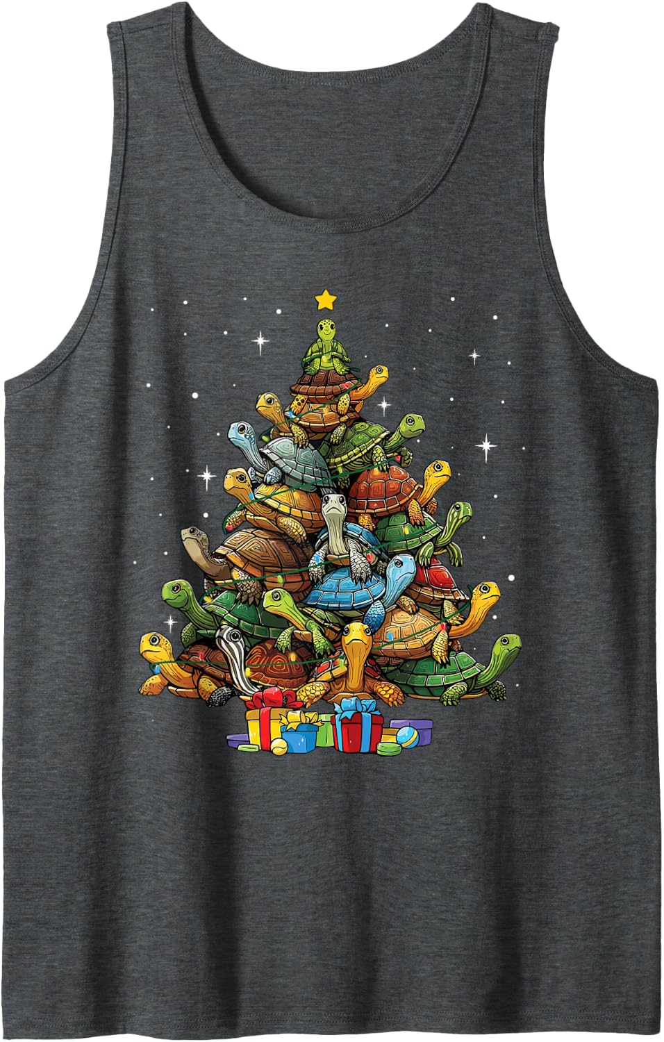Christmas Tree Turtle Sleeveless Tank Top - Dark Heather Grey