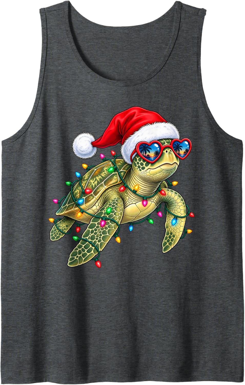 Christmas Sea Turtle Heart Sunglasses with Holiday Lights Sleeveless Tank Top - Dark Heather Grey