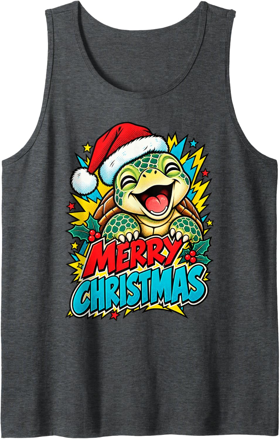 Merry Christmas Smiling Turtle Pop Art Santa Men Women Kids Sleeveless Tank Top - Dark Heather Grey