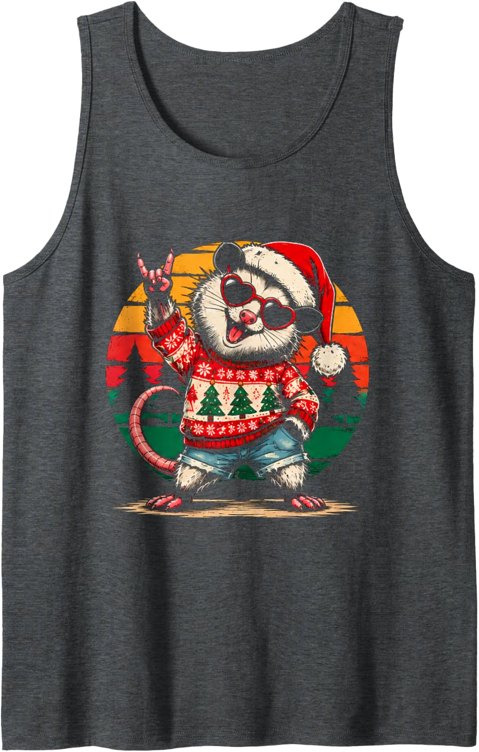 Christmas Opossum Christmas Sweater Retro Sunset Animal Fan Sleeveless Tank Top - Dark Heather Grey