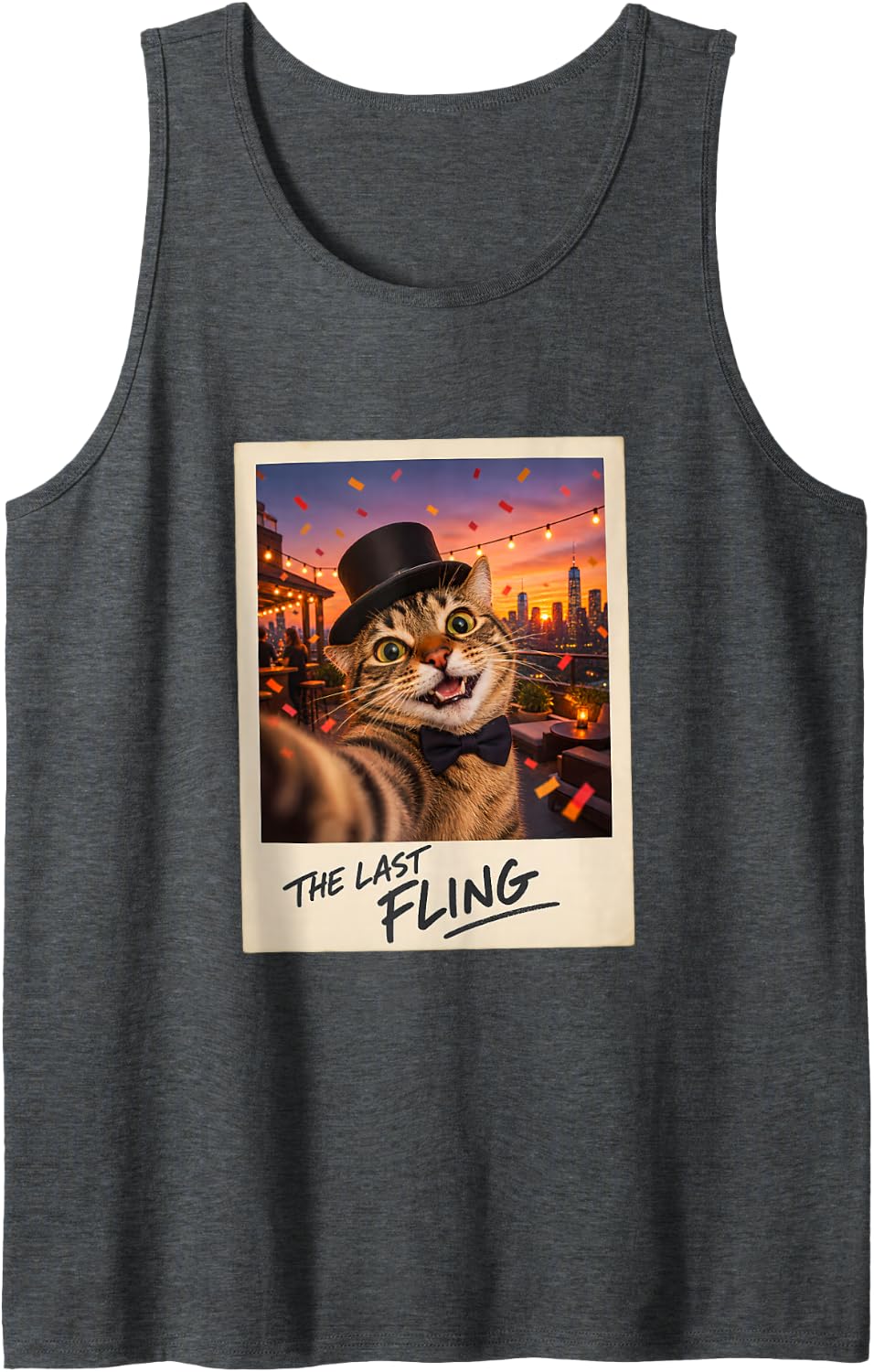 The Last Fling Tabby Cat Selfie Funny Bachelorette Sleeveless Tank Top - Dark Heather Grey