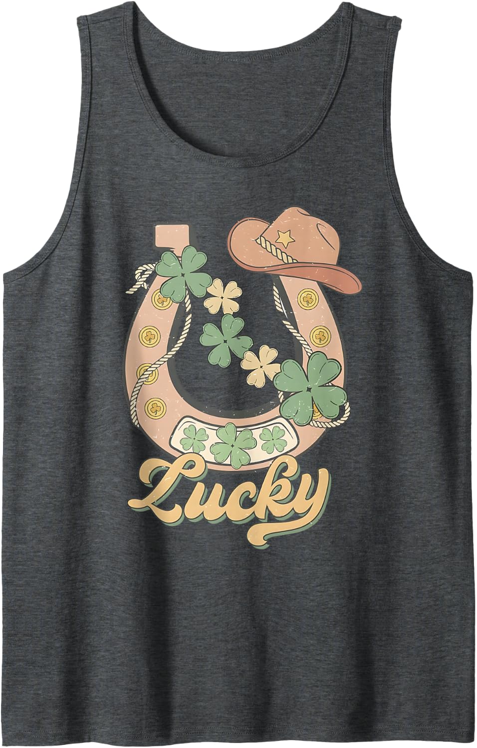 Howdy Cowboy Retro St. Patrick's Day Lucky Horseshoe Western Tank Top - Dark Heather Grey