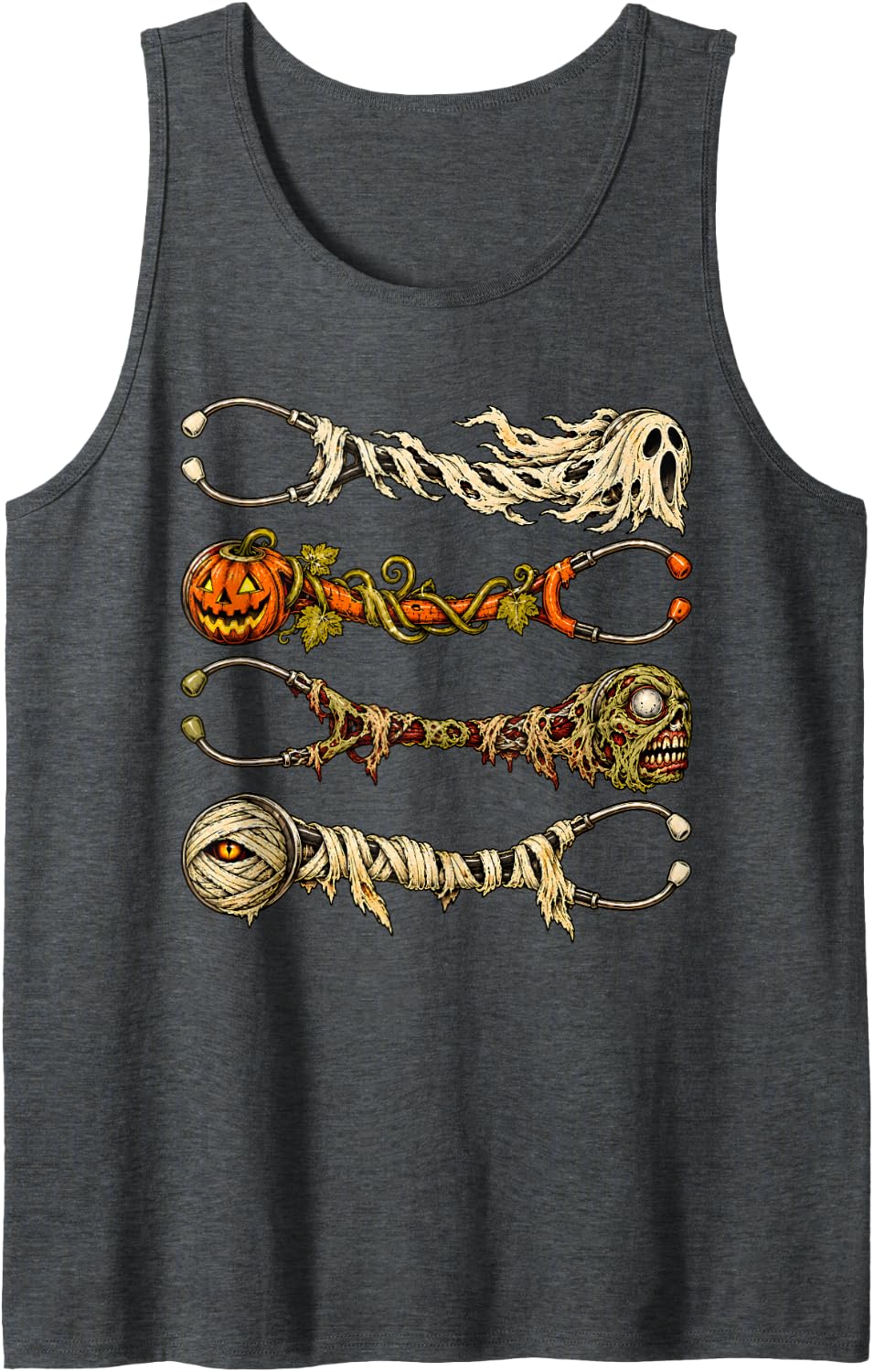 Halloween Stethoscope Nurse Ghost Pumpkin Zombie Mummy Sleeveless Tank Top - Dark Heather Grey