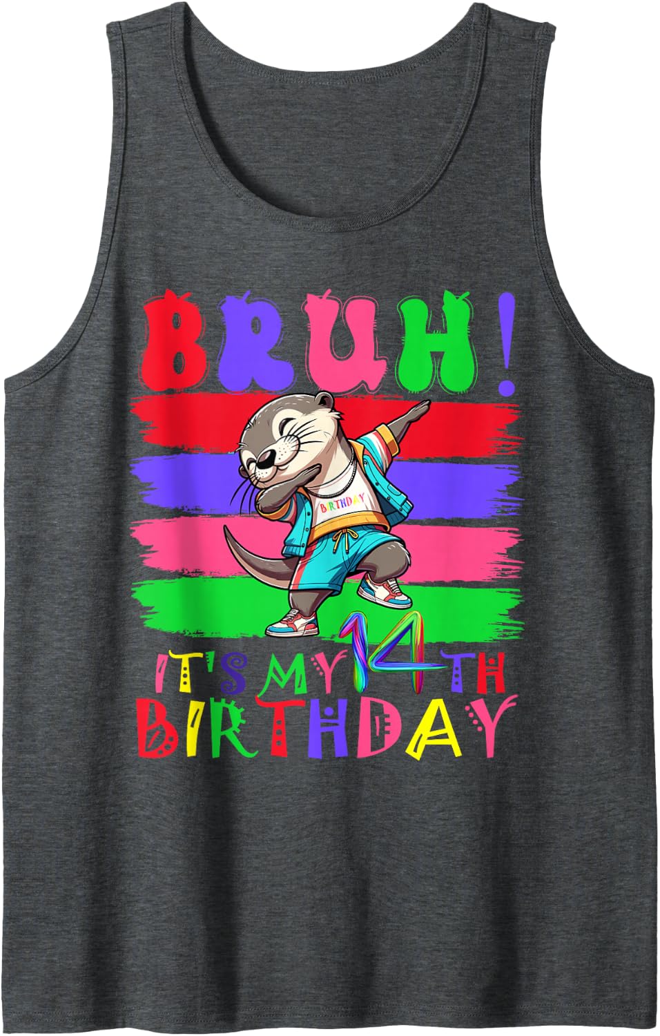 14 Year Old It's My 14th Birthday Otter Dabbing boy Girl Sleeveless Tank Top - Dark Heather Grey