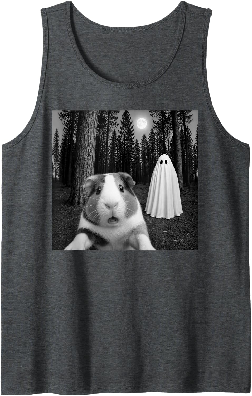 Spooky Guinea Pig Selfie with Ghost Halloween Sleeveless Tank Top - Dark Heather Grey