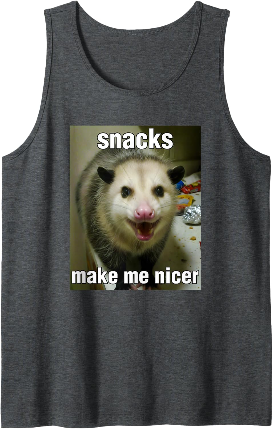 Snacks Make Me Nicer Angry Possum Meme Funny Opossum Sleeveless Tank Top - Dark Heather Grey