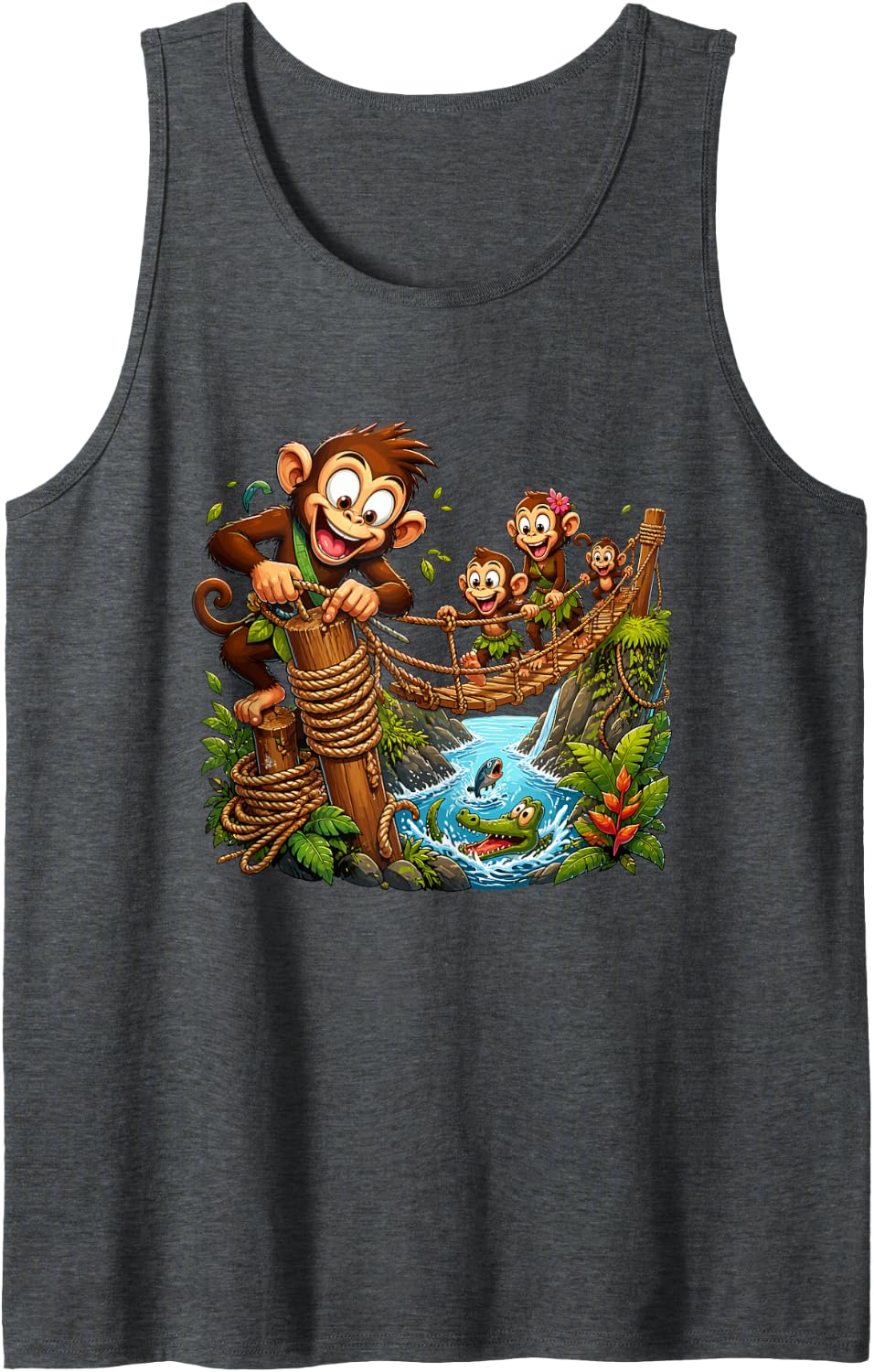 Tropical Monkey Bridge River Adventure Family Tank Top - Dark Heather Grey