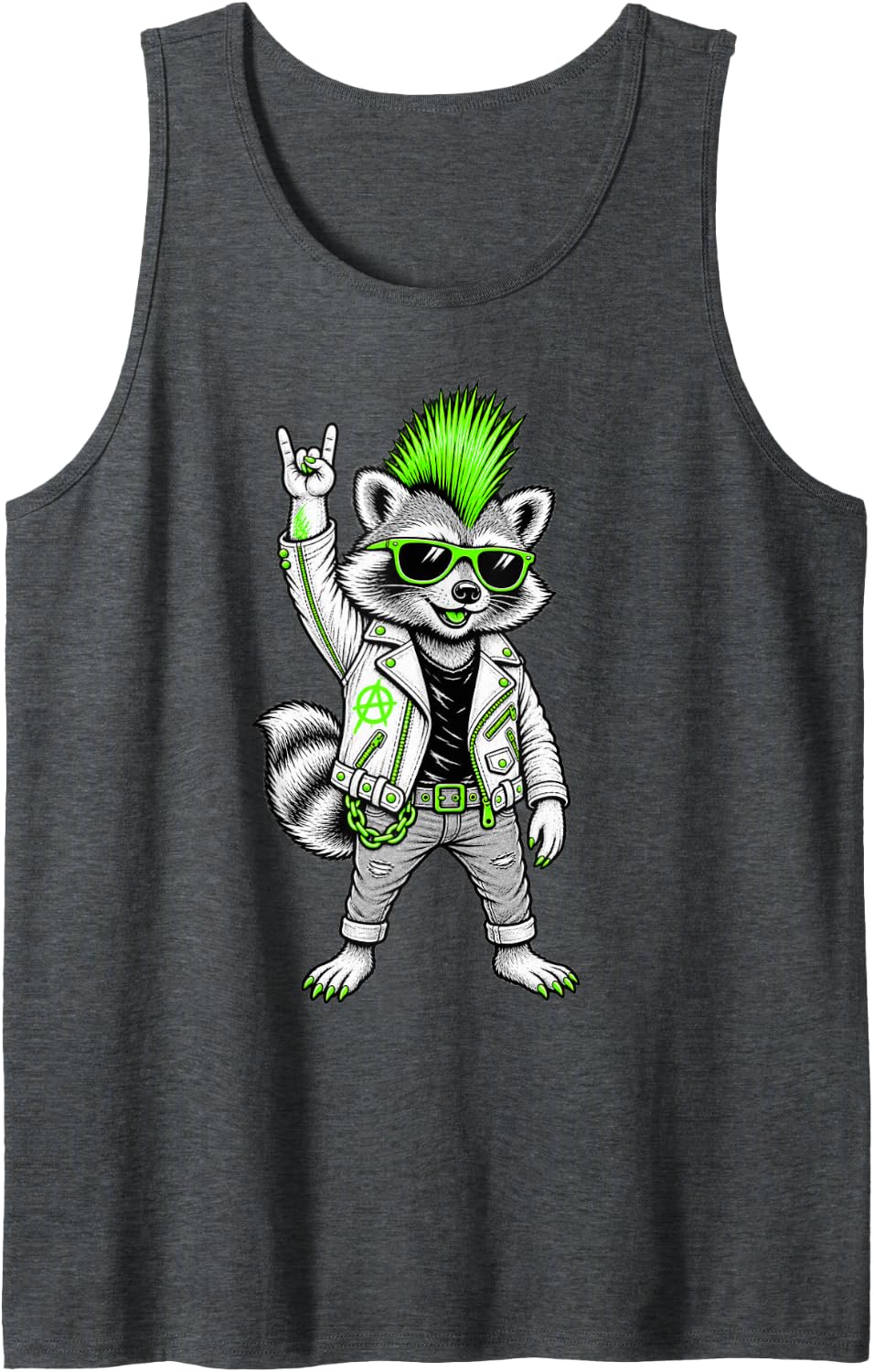 Punk Rock Raccoon Mohawk Sunglasses Trash Panda Music Art Sleeveless Tank Top - Dark Heather Grey