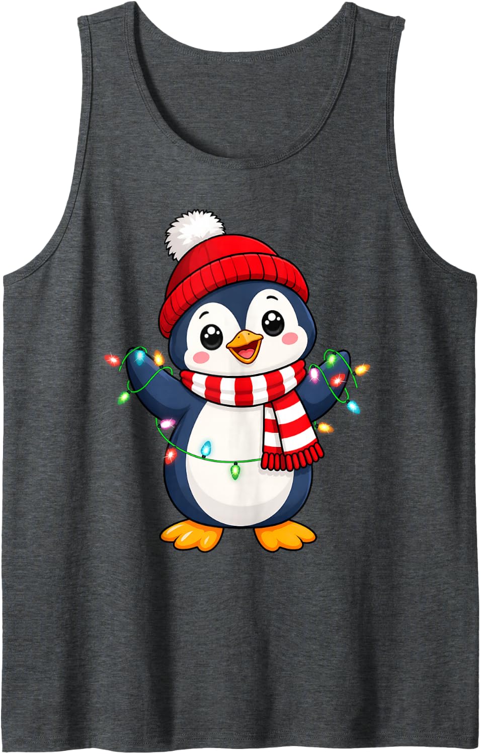 Adorable Christmas Lights Penguin Sleeveless Tank Top - Dark Heather Grey