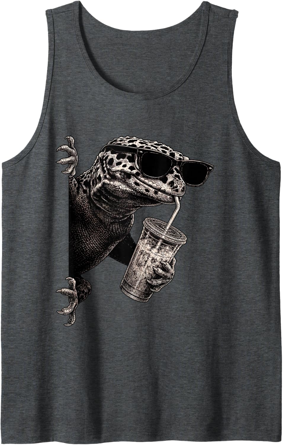 Funny Leopard Gecko Peeking Drinking Iced Coffee Humor Sleeveless Tank Top - Dark Heather Grey