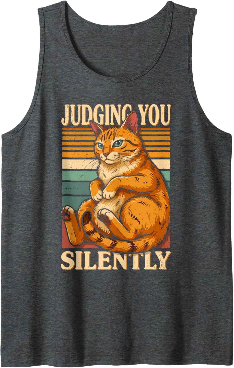 Judging You Silently Orange Tabby Cat Humor Tank Top - Dark Heather Grey