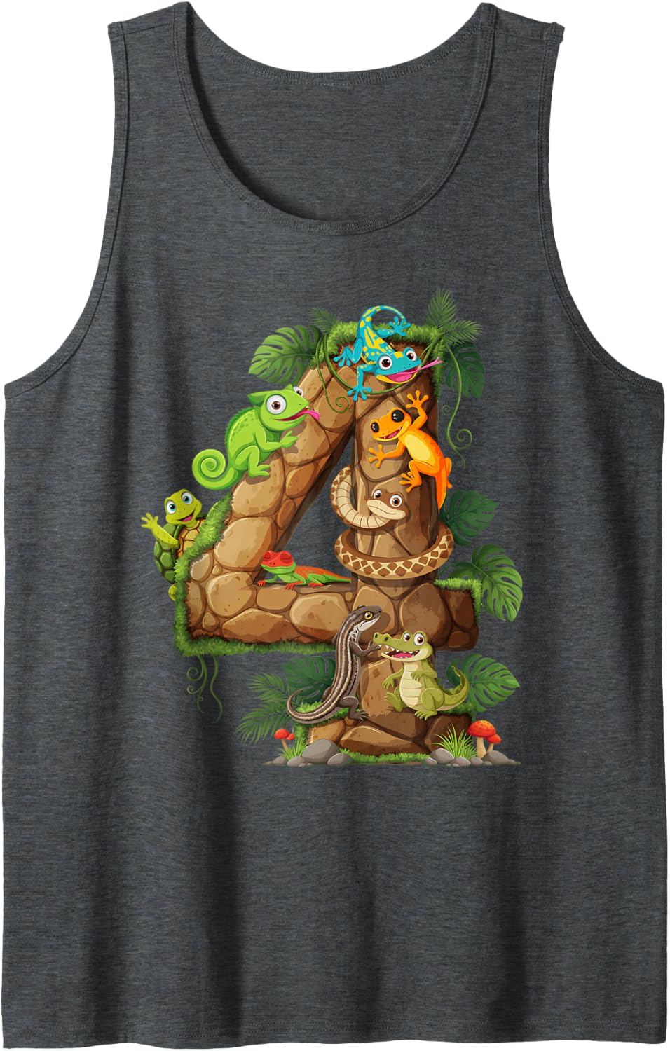 4 Year Old Reptile Party 4th Birthday Snakes Iguanas Turtles Sleeveless Tank Top - Dark Heather Grey