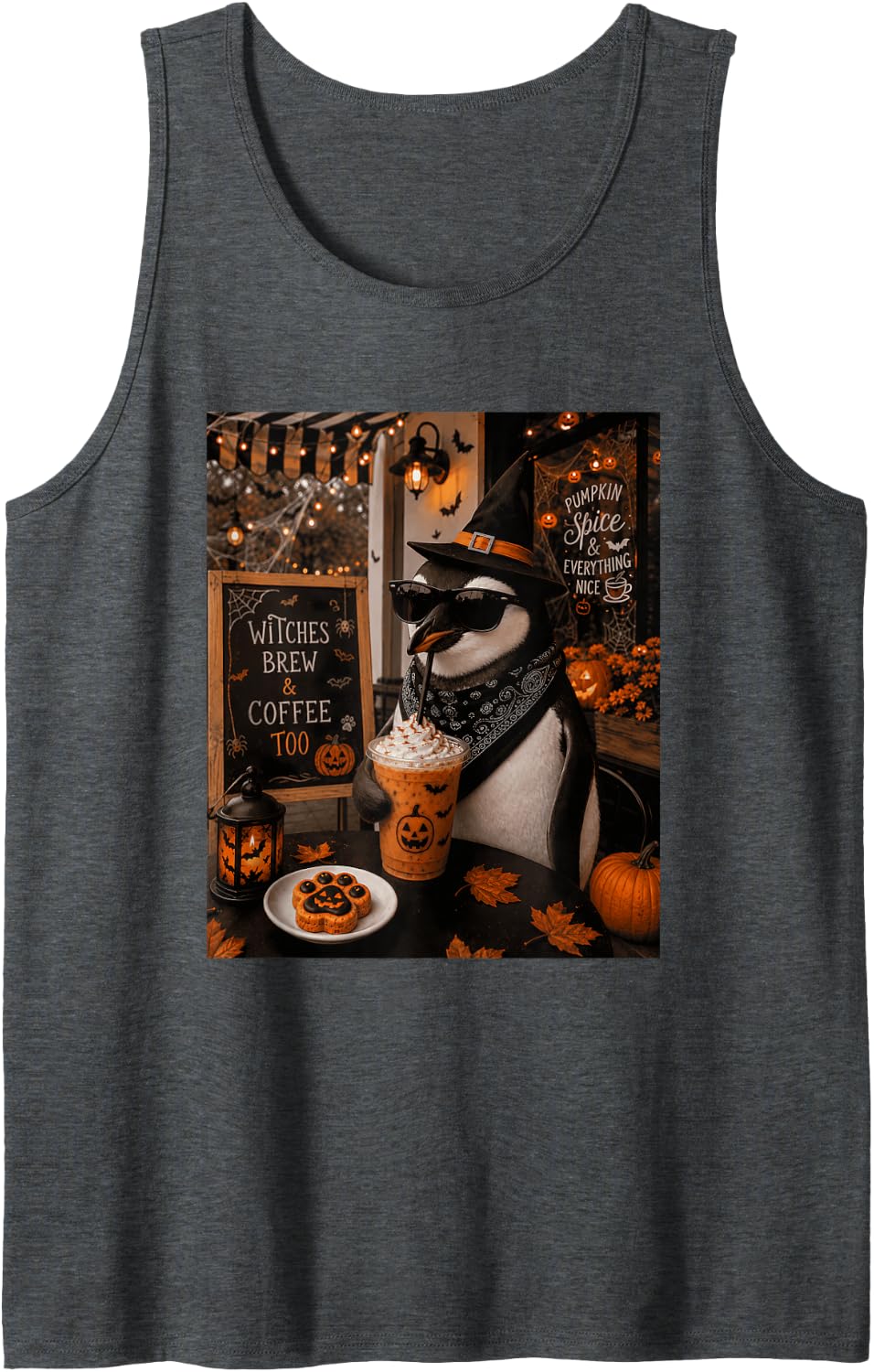 Witches Brew Coffee Too Pumpkin Spice Penguin Funny Tank Top - Dark Heather Grey