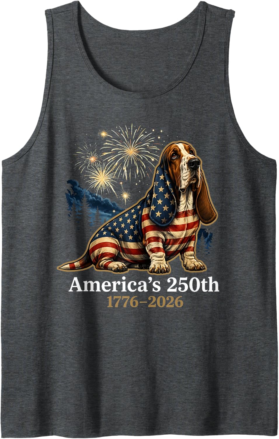 America's 250th 1776-2026 Basset Hound 4th of July Fireworks Tank Top - Dark Heather Grey