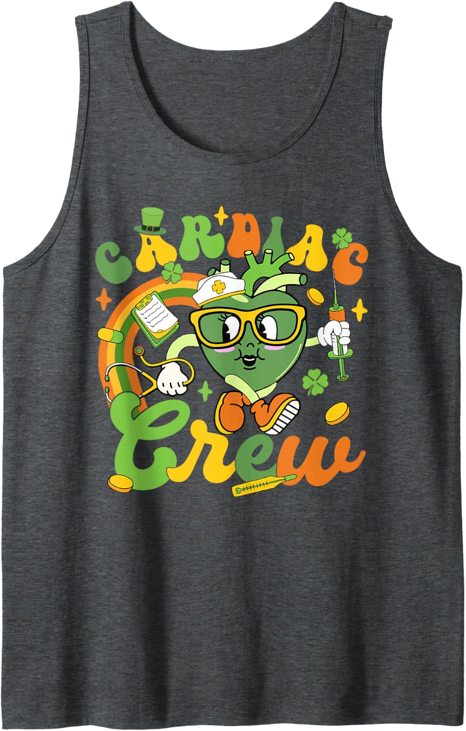 Retro Cardiac Crew Heart Cardiology Shamrock St Patricks Day Sleeveless Tank Top - Dark Heather Grey