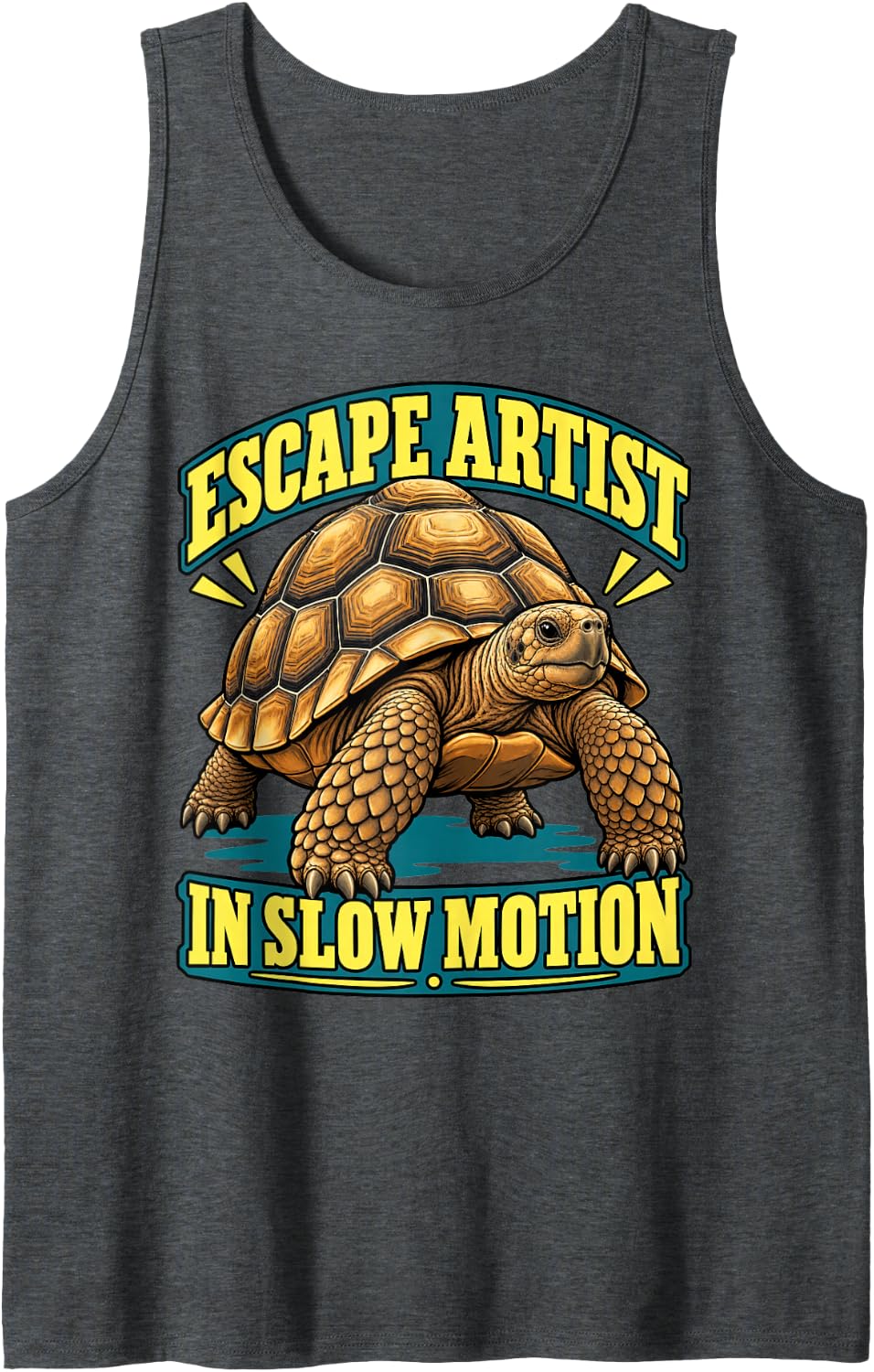 Tortoise Escape Artist in Slow Motion Turtle Lover Sulcata Sleeveless Tank Top - Dark Heather Grey