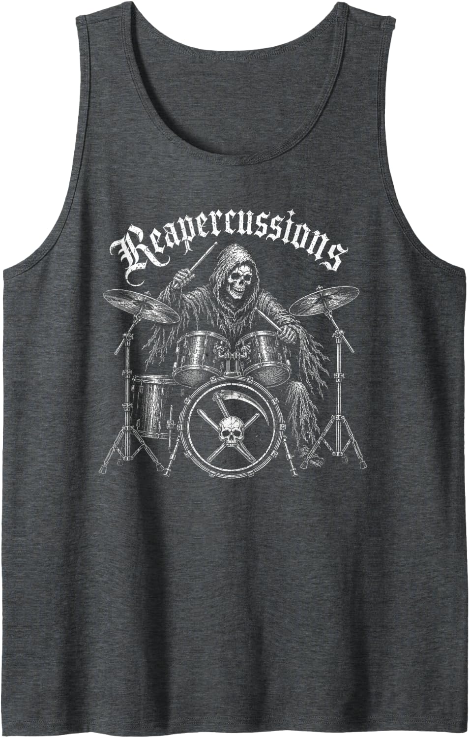 Reapercussions Grim Reaper Drummer Gothic Music Pun Tank Top - Dark Heather Grey