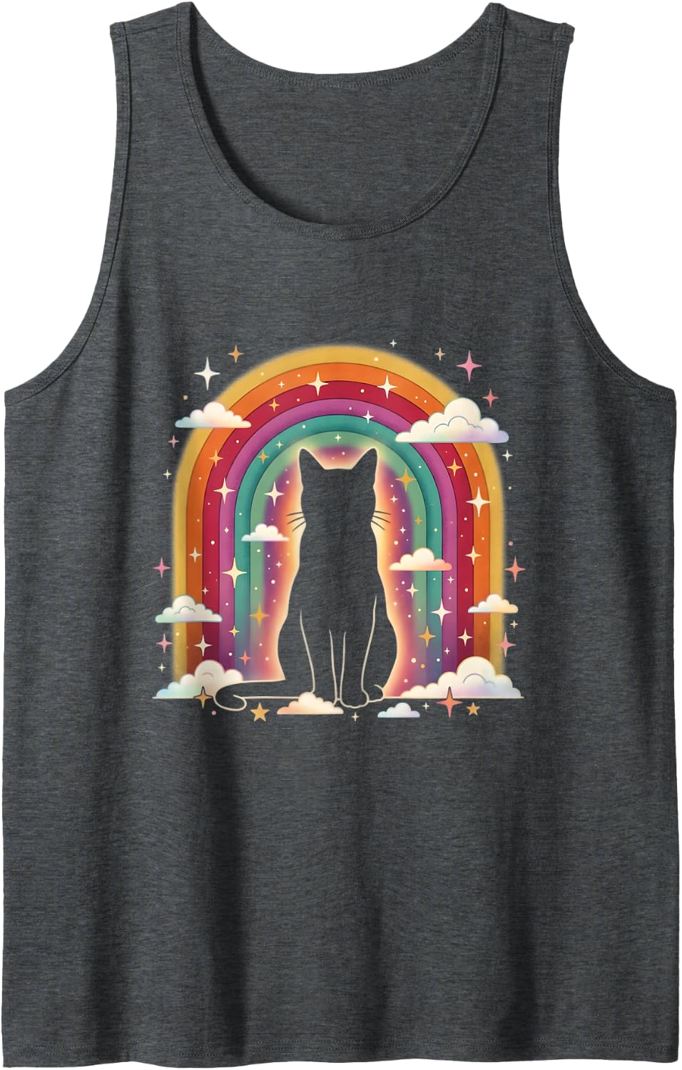 Cat Silhouette Under Rainbow Bridge Clouds Stars Memorial Tank Top - Dark Heather Grey