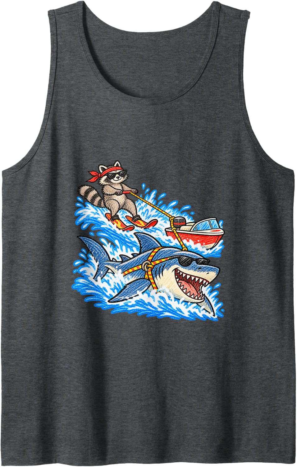 Raccoon Water Skiing with Shark Funny Animal Meme Sleeveless Tank Top - Dark Heather Grey