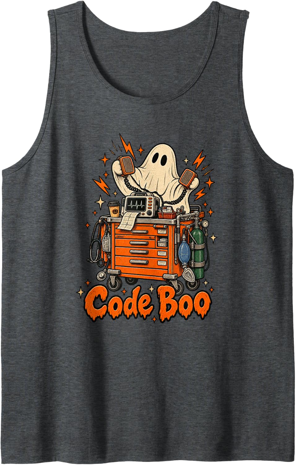 Halloween ER Nurse Code Boo Spooky Season Medical Sleeveless Tank Top - Dark Heather Grey