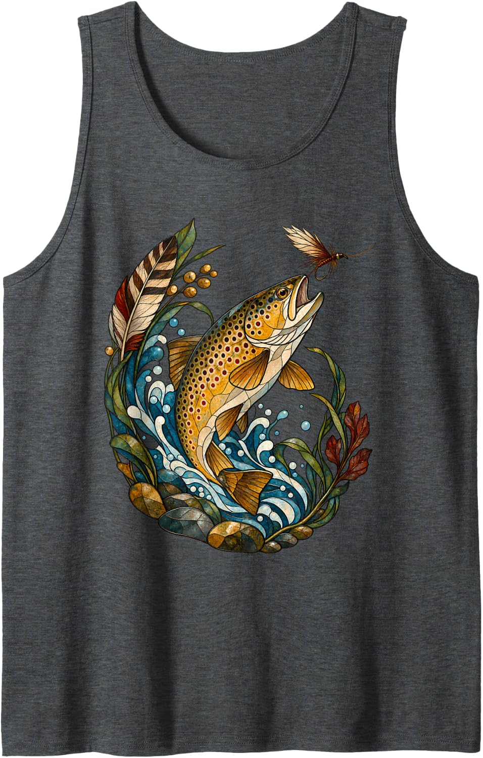 Stained Glass Trout Fly Fishing Fisherman Angler Sleeveless Tank Top - Dark Heather Grey