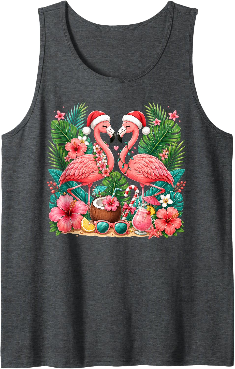 Christmas Flamingo Pair Tropical Flowers and Holiday Hats Sleeveless Tank Top - Dark Heather Grey