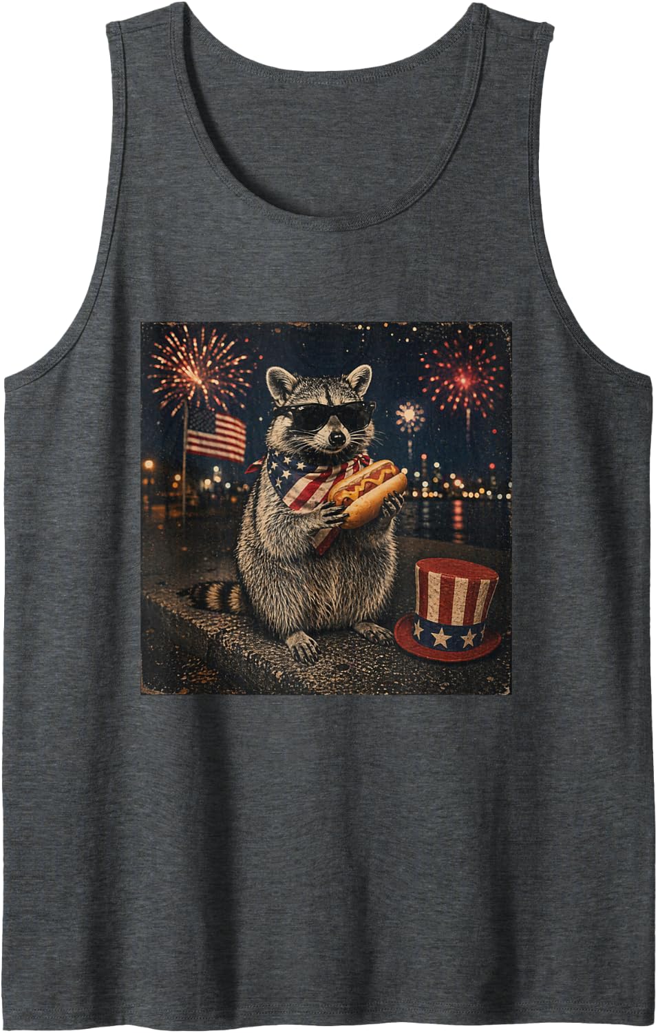 Funny Raccoon 4th of July USA Hot-Dog Patriot Tank Top - Dark Heather Grey