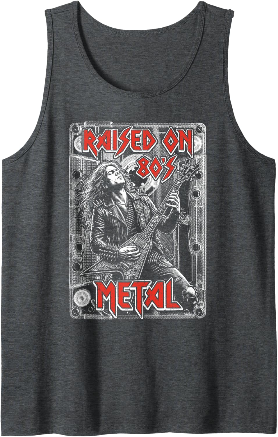 Raised On 80's Metal Music Cassette Electric Guitar Sleeveless Tank Top - Dark Heather Grey