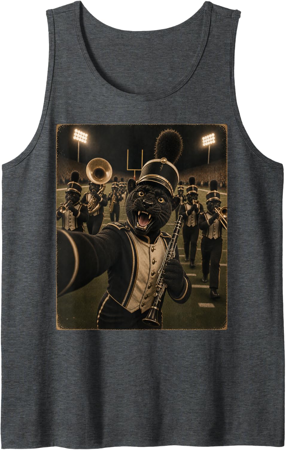 Clarinet Panther Funny Vintage Selfie Halftime Pep Rally Sleeveless Tank Top - Dark Heather Grey
