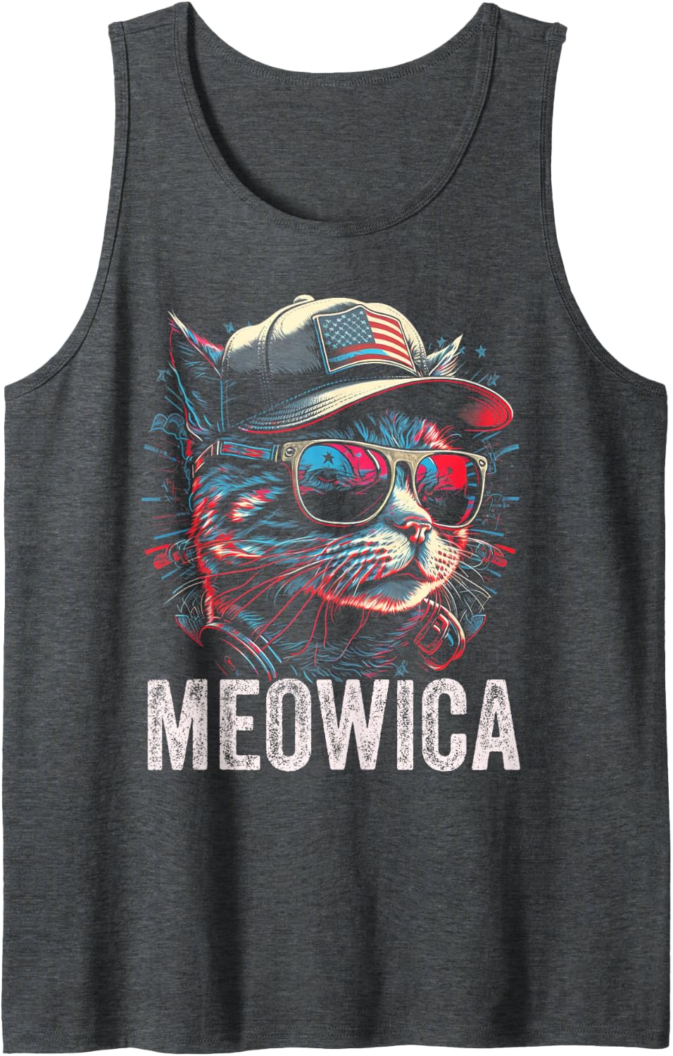 Meowica 4th of July Cat American Flag America USA Funny Tank Top - Dark Heather Grey