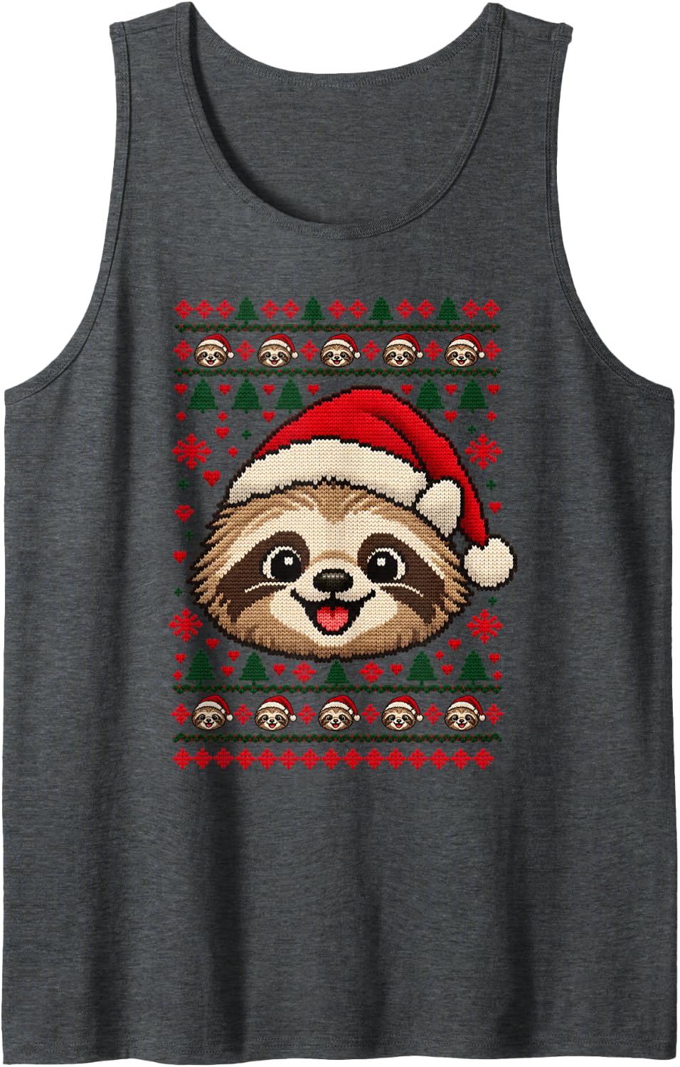 Happy Sloth Christmas Dog Santa Hat Ugly Sweater Sleeveless Tank Top - Dark Heather Grey