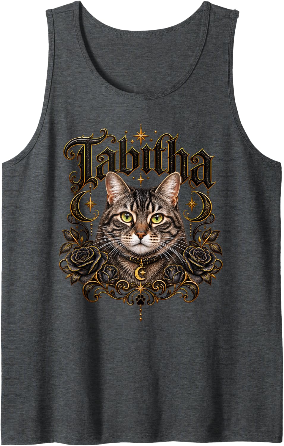 Tabitha Gothic Tabby Cat Celestial Moon Art Sleeveless Tank Top - Dark Heather Grey