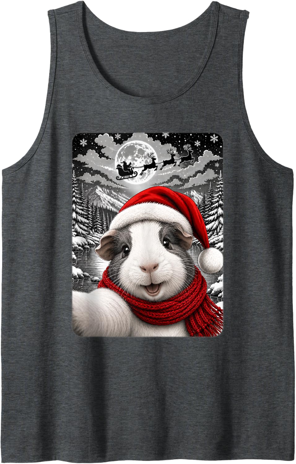 Cute Santa Hat Guinea Pig Christmas Selfie Sleeveless Tank Top - Dark Heather Grey