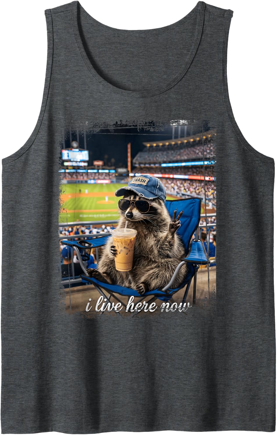 Peace Sign Raccoon Baseball Stadium I Live Here Now Tank Top - Dark Heather Grey