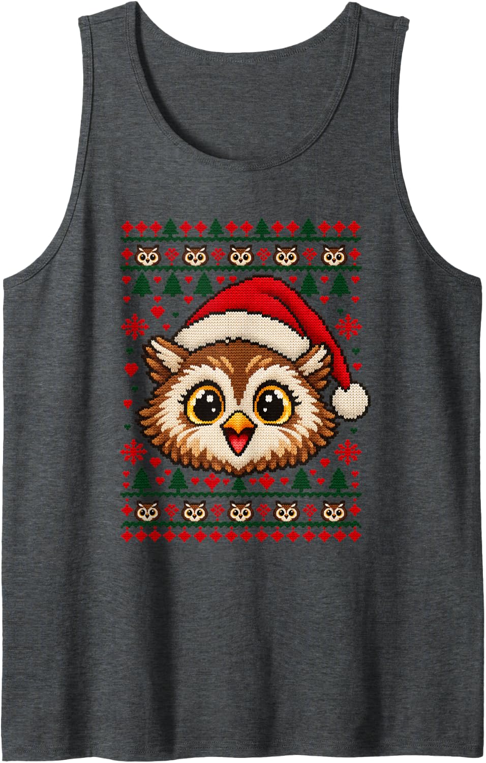 Happy Owl Christmas Dog Santa Hat Ugly Sweater Sleeveless Tank Top - Dark Heather Grey