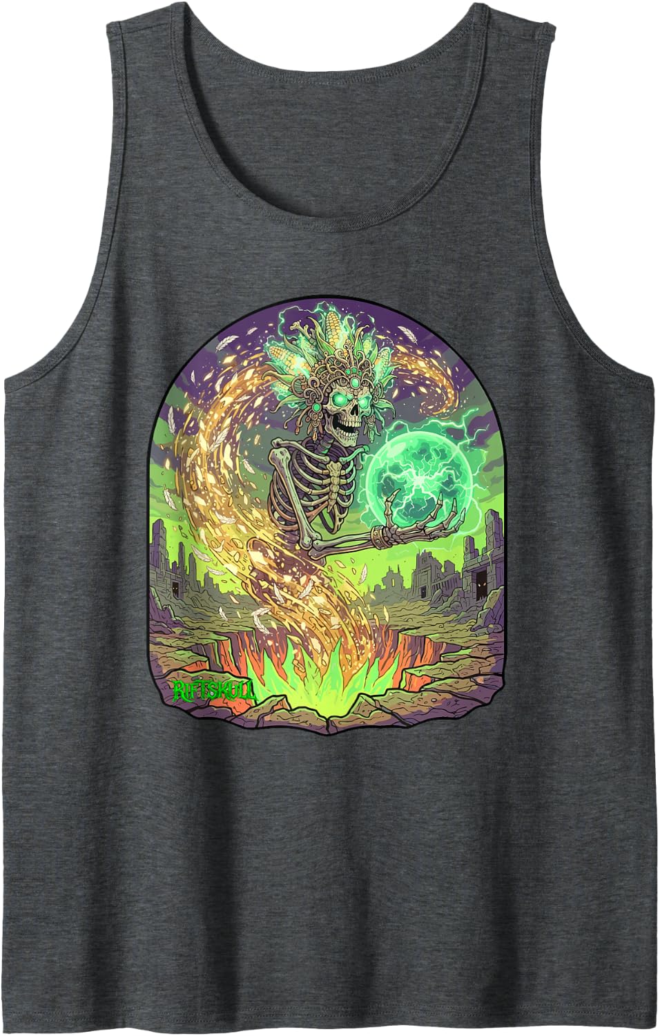 Skeleton Aztec Skeleton God of Maize Centeotl Heavy Metal Sleeveless Tank Top - Dark Heather Grey