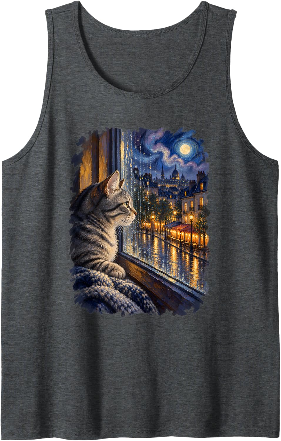 Tabby Cat Rainy Window Van Gogh Inspired Starry Night City Sleeveless Tank Top - Dark Heather Grey