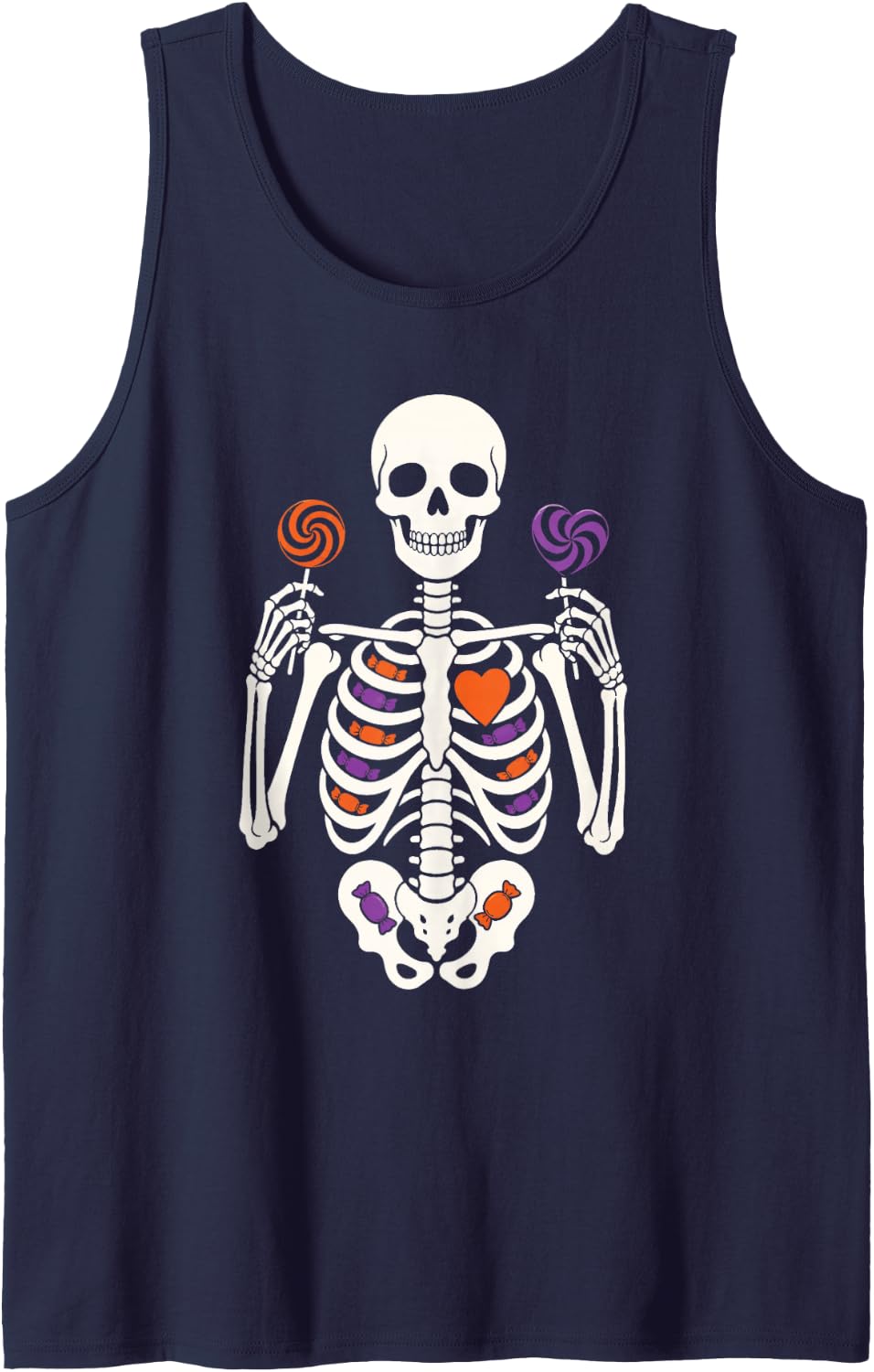 Halloween Skeleton Ribcage Candy Lollipop Ghost Skull Stars Tank Top - Navy Blue
