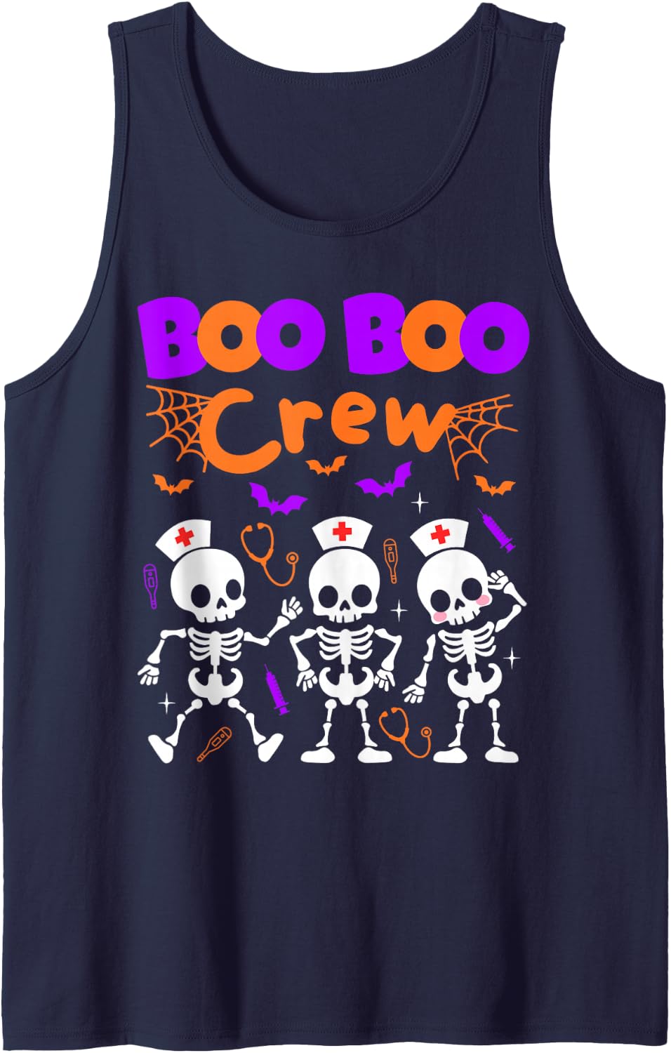 Boo Boo Crew Nurse Dancing Skeletons Halloween Ortho Squad Sleeveless Tank Top - Navy Blue
