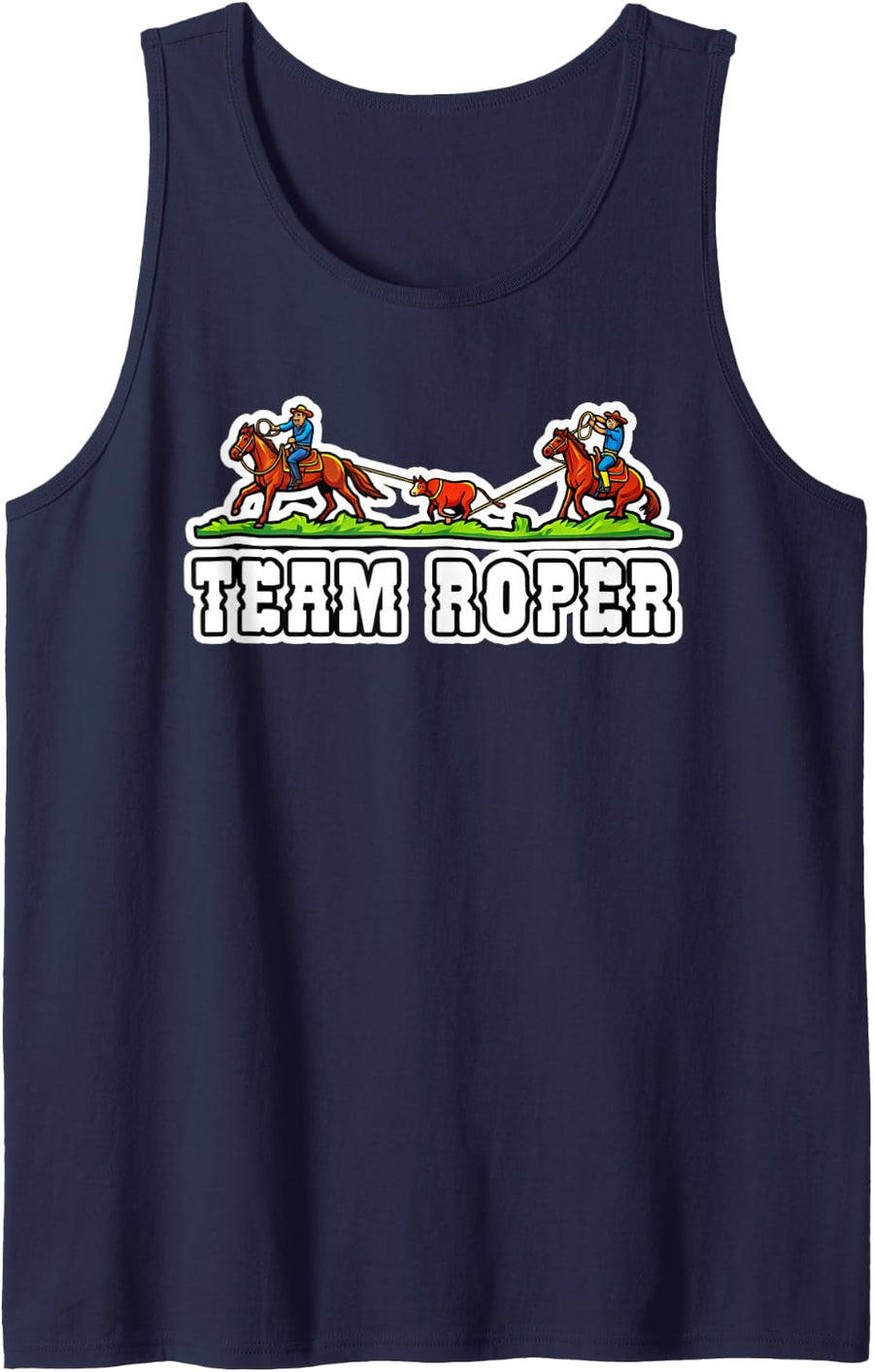 Team Roper Funny Cartoon Rodeo Roping Sleeveless Tank Top - Navy Blue