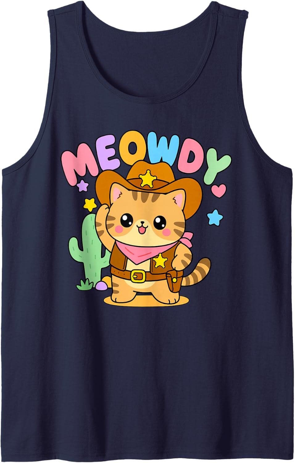 Cute Meowdy Cowboy Dad Joke Kawaii Tabby Cat Sheriff Western Sleeveless Tank Top - Navy Blue