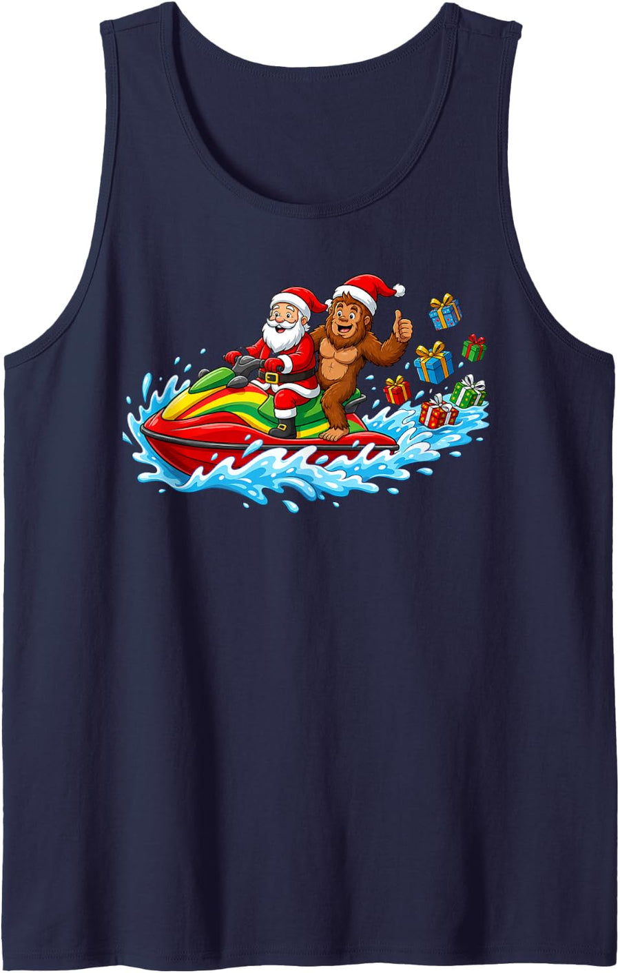 Funny Christmas Santa Sasquatch Bigfoot Jet Skiing Tank Top - Navy Blue