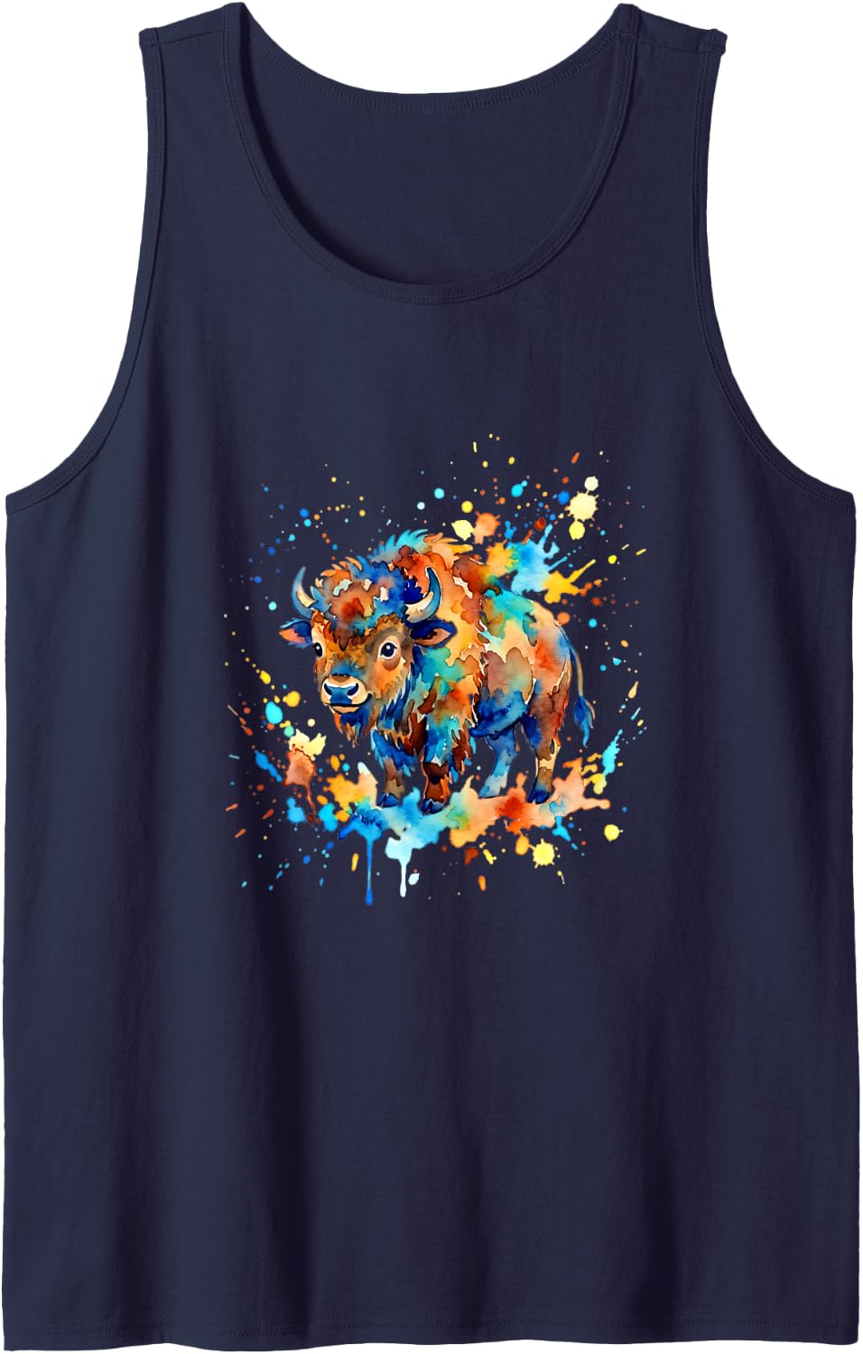 Cute Watercolor Bison Buffalo Colorful Splatter Art Tank Top - Navy Blue